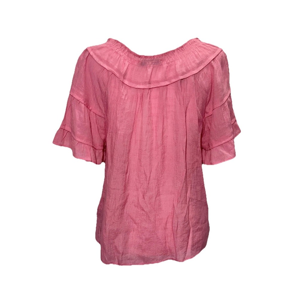 Nanette Lepore Sz. Large Pink Ruffle Sleeve Smocked Neckline Blouse Flowy BOHO - Picture 2 of 6